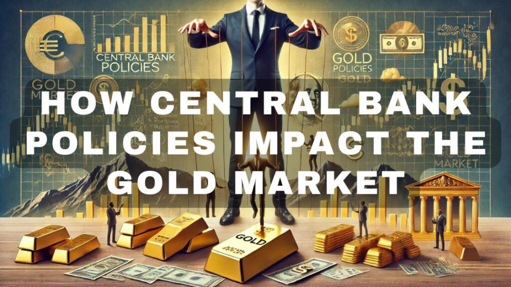 Image of a man as a puppet master controlling the gold market, with strings attached to gold bars, market graphs, and currency symbols, symbolizing the influence of central bank policies on the gold economy.