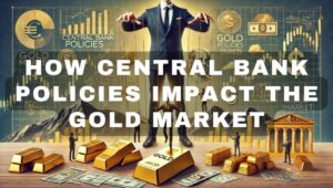 Image of a man as a puppet master controlling the gold market, with strings attached to gold bars, market graphs, and currency symbols, symbolizing the influence of central bank policies on the gold economy.