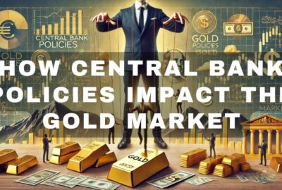 Image of a man as a puppet master controlling the gold market, with strings attached to gold bars, market graphs, and currency symbols, symbolizing the influence of central bank policies on the gold economy.