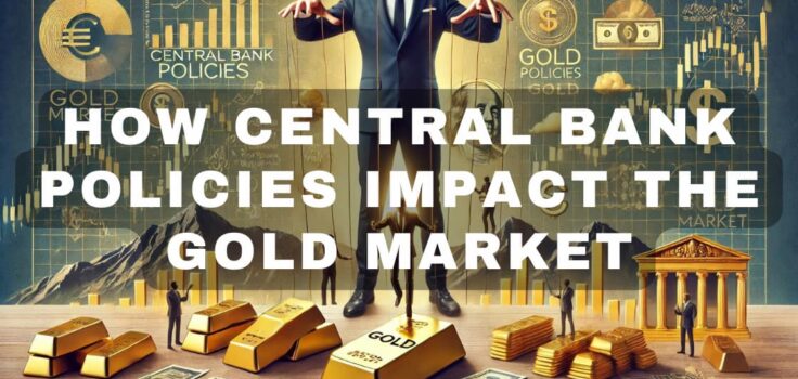 Image of a man as a puppet master controlling the gold market, with strings attached to gold bars, market graphs, and currency symbols, symbolizing the influence of central bank policies on the gold economy.