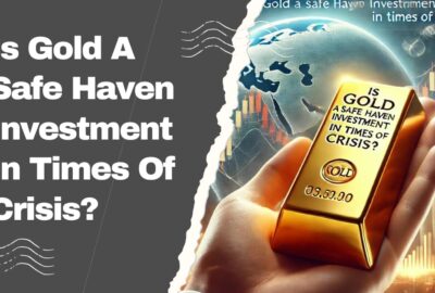 Hand holding a gold bar with fluctuating stock market graph backdrop. Is Gold a Safe Haven Investment in Times of Crisis inscribed on the gold bar.