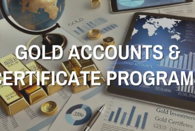 A professional desk setup featuring gold bars, coins, a financial tablet displaying gold accounts and charts, symbolizing gold investments and certificate programs.