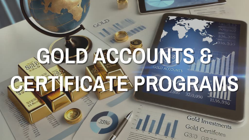 A professional desk setup featuring gold bars, coins, a financial tablet displaying gold accounts and charts, symbolizing gold investments and certificate programs.