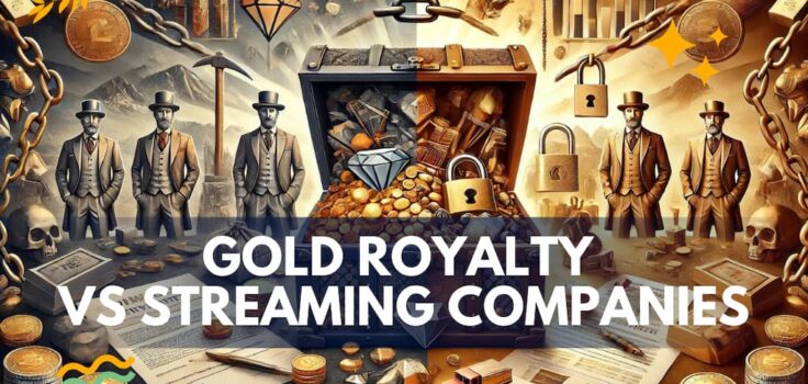 An artistic depiction of the pros and cons of gold royalty and streaming companies, featuring a split treasure chest—one side filled with gold coins and gems representing rewards, the other side locked with chains symbolizing risks. Iconic figures representing Franco-Nevada and Wheaton Precious Metals stand on each side, with financial documents, gold mines, and graphs in the background.