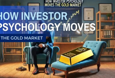 A psychiatrist sitting in a chair thoughtfully analyzing a gold bar laying on a chaise lounge, symbolizing the influence of investor psychology on the gold market.