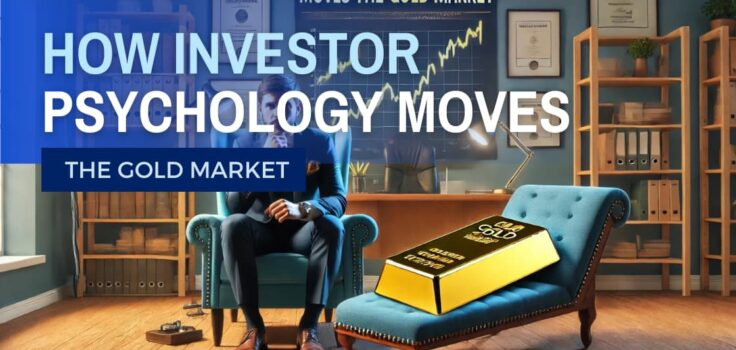 A psychiatrist sitting in a chair thoughtfully analyzing a gold bar laying on a chaise lounge, symbolizing the influence of investor psychology on the gold market.