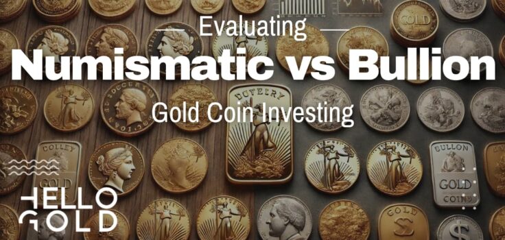 A comparison of numismatic gold coins featuring intricate designs and historical significance, alongside modern gold bullion coins emphasizing purity and investment value, used to highlight the differences between numismatic and bullion gold coin investing.