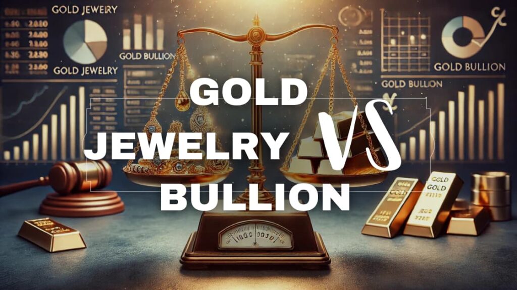 A balanced scale comparing gold jewelry and gold bullion for investment purposes, with intricate jewelry on one side and gold bars on the other. Financial graphs and charts in the background highlight investment considerations.