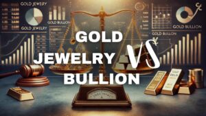 A balanced scale comparing gold jewelry and gold bullion for investment purposes, with intricate jewelry on one side and gold bars on the other. Financial graphs and charts in the background highlight investment considerations.