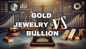 A balanced scale comparing gold jewelry and gold bullion for investment purposes, with intricate jewelry on one side and gold bars on the other. Financial graphs and charts in the background highlight investment considerations.