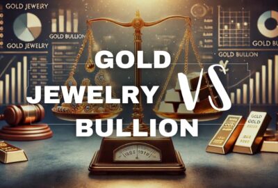 A balanced scale comparing gold jewelry and gold bullion for investment purposes, with intricate jewelry on one side and gold bars on the other. Financial graphs and charts in the background highlight investment considerations.