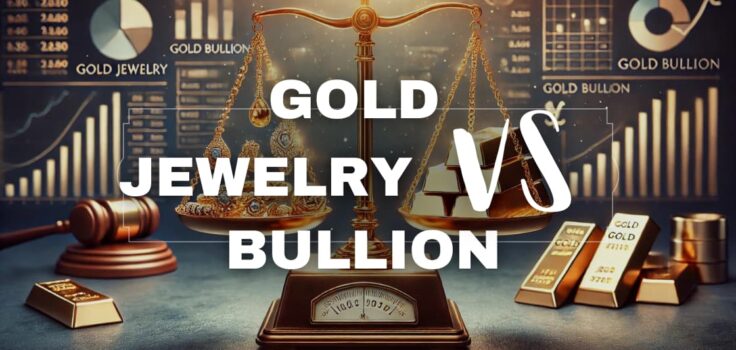 A balanced scale comparing gold jewelry and gold bullion for investment purposes, with intricate jewelry on one side and gold bars on the other. Financial graphs and charts in the background highlight investment considerations.