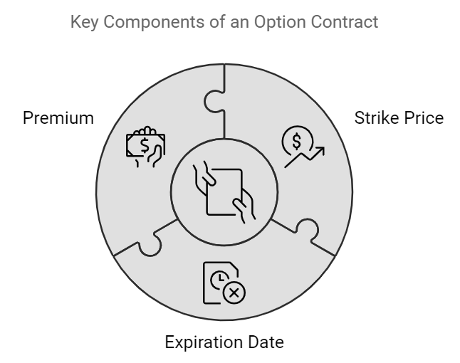 Graph: key components of an option contract: premium, strike price, expiration date.