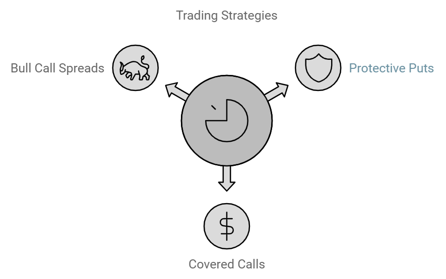 Graph: Options strategies, bull call spreads, protective puts, covered calls.